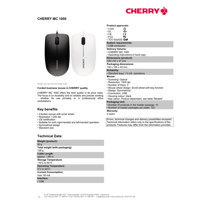 Жична мишка CHERRY MC 1000, Бял, USB-CHERRY-MOUSE-JM-0800-0