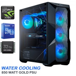 Гейминг компютър GeForce RTX 3080 10GB GDDR6X, Intel I5-10600K, 32GB DDR4 3200MHz, 1TB M.2 PCIe NVMe SSD, 4TB SATA 7200rpm, LGA1200, Чипсет Intel Z590, Водно охлаждане 360мм