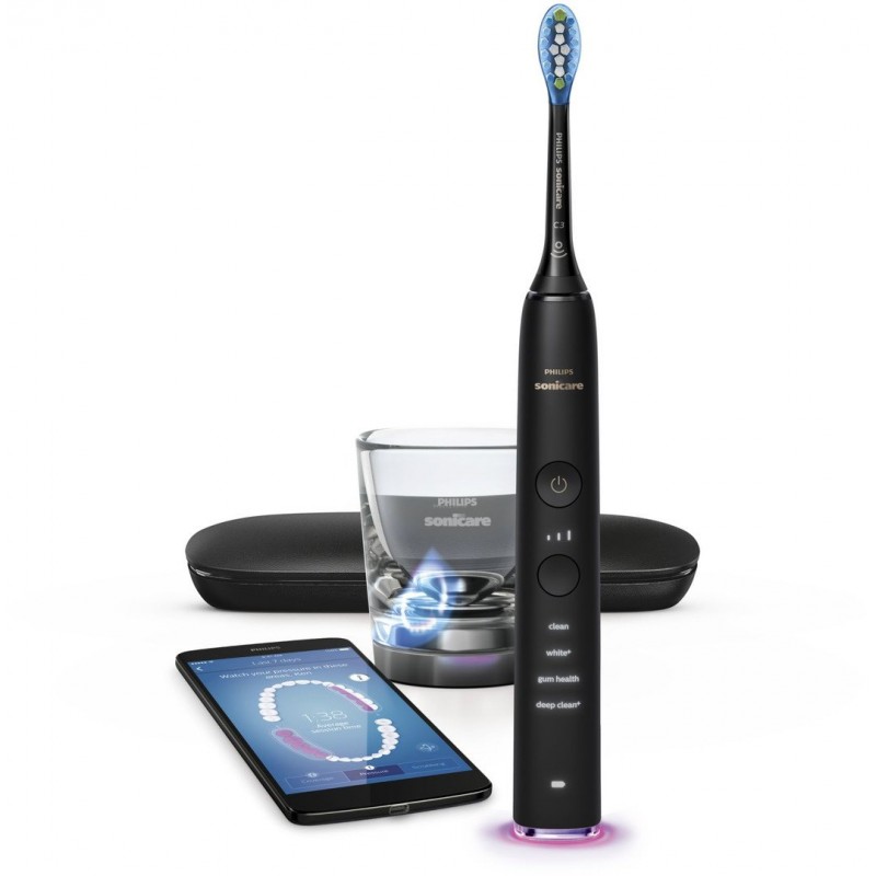 Philips Sonicare Четка за зъби с акумулаторна батерия Diamond Clean Smart с приложение, Персонализирано обучение, Интелигентни сензори на главата, Интелигентно разпознаване на главата, 4 режима, 3 степени на интензивност 5 режима, 2 глави, зареждаща чаша,