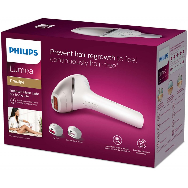 Philips Система за премахване на окосмяване Lumea IPL Prestige, С уникални обли прикачващи елементи, Прецизни зони, тяло, лице, Със сензор SmartSkin, Използване без кабел и с кабел-BRI953/00