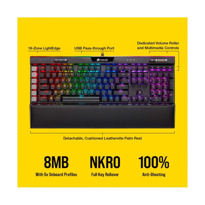 Геймърска клавиатура Corsair K95 RGB PLATINUM XT Mechanical (метална основа, RGB Backlit Silver, Cherry MX Speed, US layout) Black-CH-9127414-NA