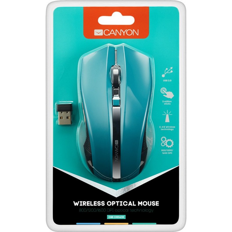 CANYON 2.4GHz wireless Optical Mouse with 4 buttons, DPI 800/1200/1600, Green, 122*69*40mm, 0.067kg-CNE-CMSW05G