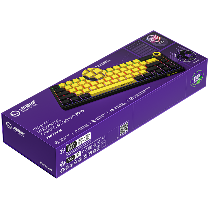 LORGAR KBP70MW, Wireless 65% Mechanical Gaming Keyboard Pro, Black/yellow, EN layout, LRG-KBP70MW-YL-US