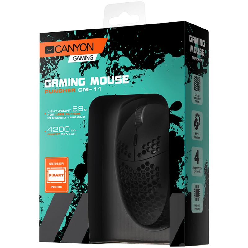 CANYON,Gaming Mouse with 7 programmable buttons, Pixart 3519 optical sensor, 4 levels of DPI and up to 4200, 5 million times key life, 1.65m Ultraweave cable, UPE feet and colorful RGB lights, Black, size:128.5x67x37.5mm, 105g-CND-SGM11B