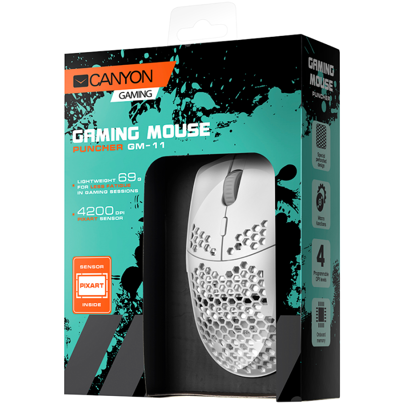 CANYON,Gaming Mouse with 7 programmable buttons, Pixart 3519 optical sensor, 4 levels of DPI and up to 4200, 5 million times key life, 1.65m Ultraweave cable, UPE feet and colorful RGB lights, White, size:128.5x67x37.5mm, 105g-CND-SGM11W