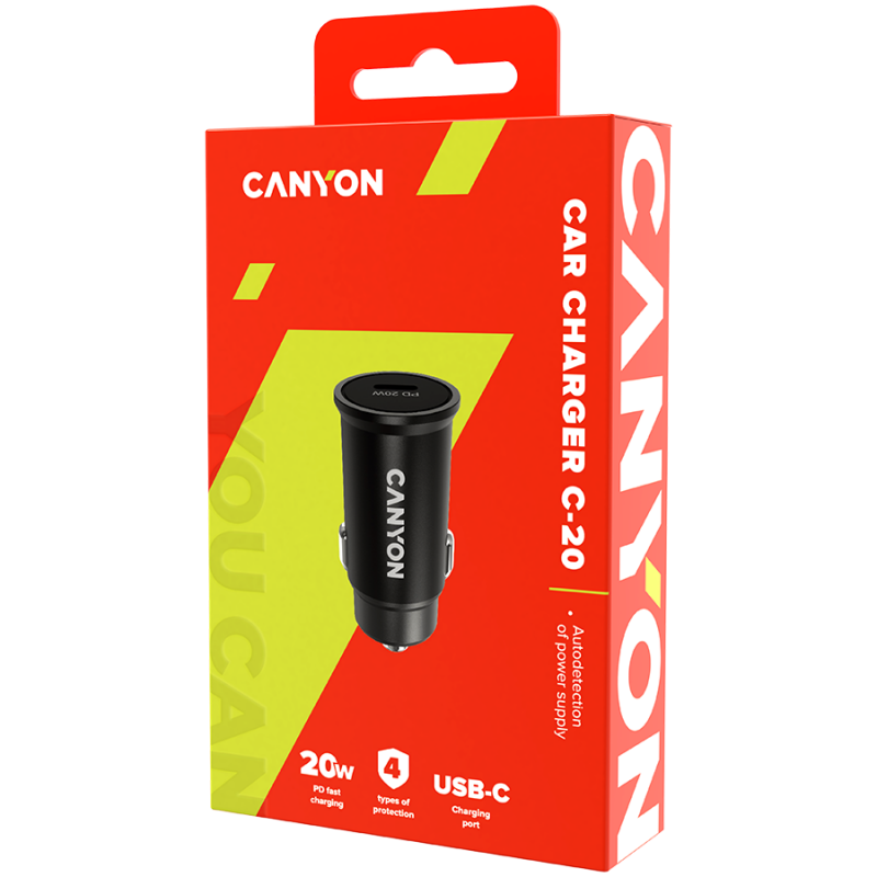 Canyon, PD 20W Pocket size car charger, input: DC12V-24V, output: PD20W, support iPhone12 PD fast charging, Compliant with CE RoHs