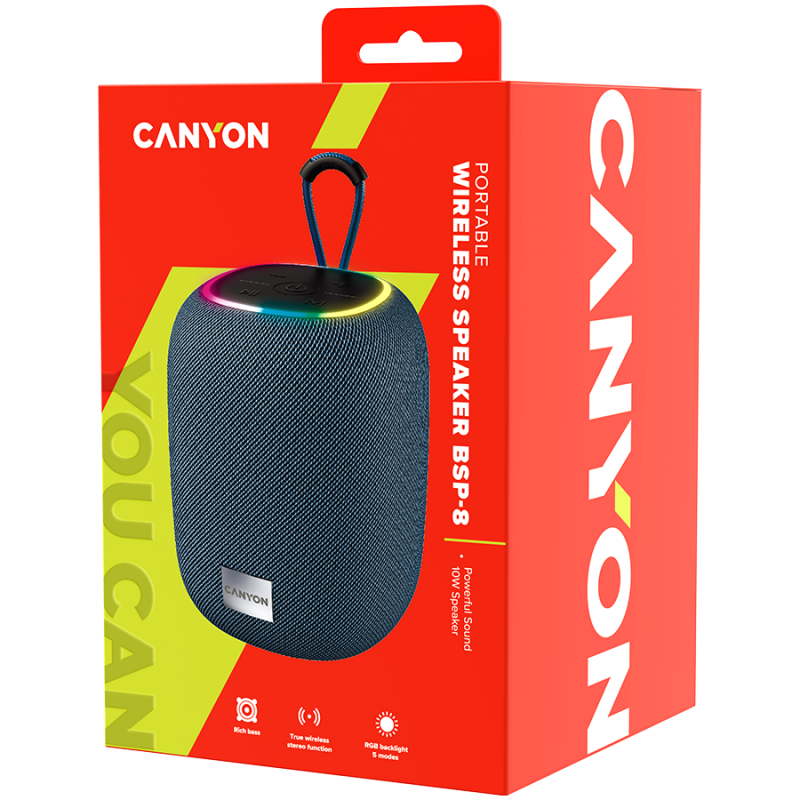CANYON BSP-8, Bluetooth Speaker, BT V5.2, BLUETRUM AB5362B, TF card support, Type-C USB port, 1800mAh polymer battery, Max Power 10W
