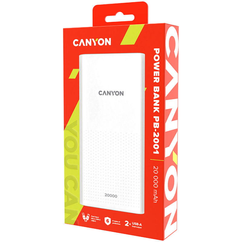 CANYON  PB-2001 Power bank 20000mAh Li-poly battery, Input 5V/2A , Output 5V/2.1A(Max) , 144*69*28.5mm, 0.440Kg, white, CNE-CPB2001W