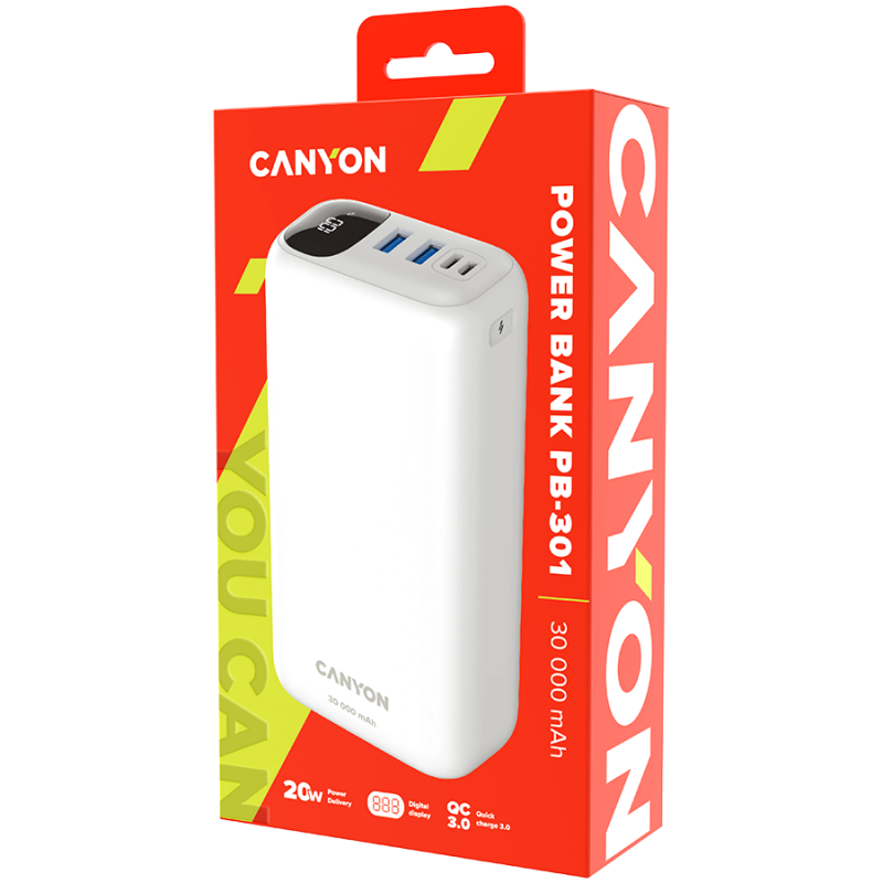 CANYON PB - 301 Power bank 30000mAh Li-poly battery, Input Micro: DC5V/2A, 9V/2A Input Type c PD ： DC5V/3A, 9V/2A， Output Type C
