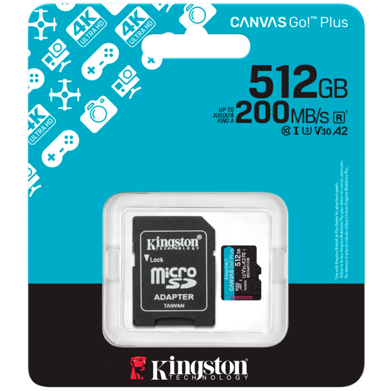 KINGSTON 512GB microSDXC Canvas Go Plus Gen4 200MB/s A2 U3 V30 Card + Adapter, SDCG4/512GB