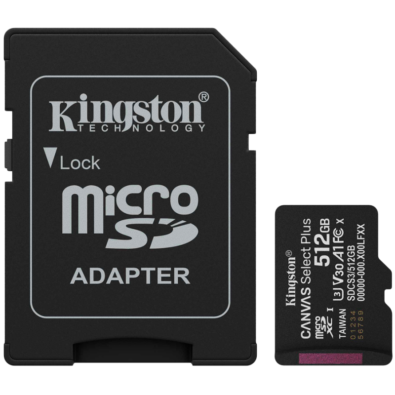 Kingston 512GB microSDXC Canvas Select Plus Gen3 150MB/s A1 Card + Adapter, SDCS3/512GB