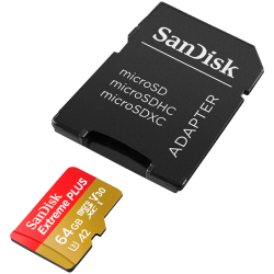 SanDisk Extreme PLUS microSDXC 64GB + SD Adapter + 2 years RescuePRO Deluxe up to 200MB/s & 90MB/s Read/Write speeds A2 C10 V30 UHS-I U8, EAN: 619659189150
