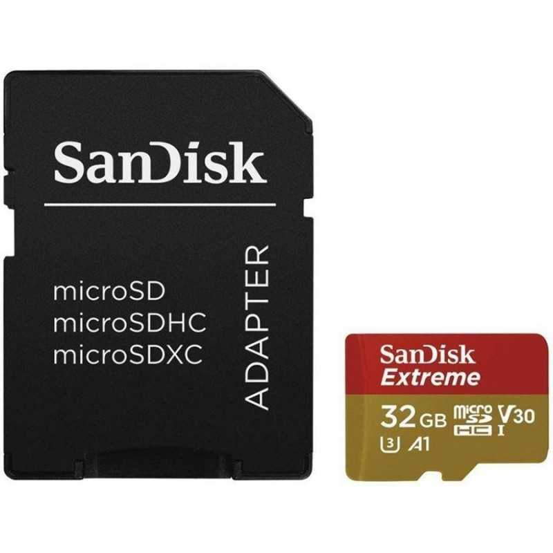 SanDisk Extreme microSDHC 32GB + SD Adapter for Action Sports Cameras - 100MB/s A1 C10 V30 UHS-I U3; EAN: 619659155100-SDSQXAF-032G-GN6AA