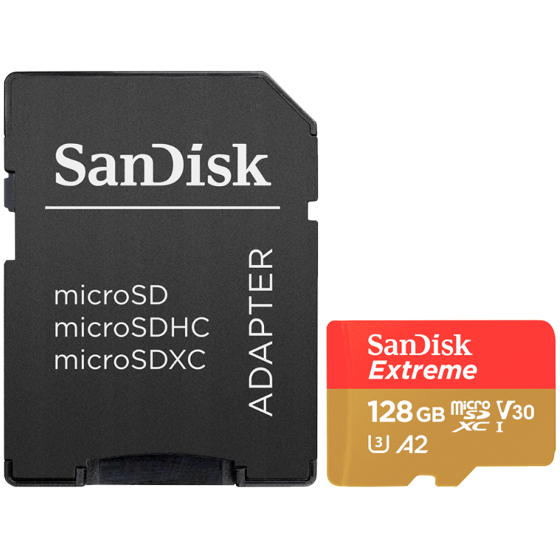 SanDisk Extreme microSDXC 128GB + SD Adapter + 1 year RescuePRO Deluxe up to 190MB/s & 90MB/s Read/Write speeds A2 C10 V30 UHS-I U3, EAN: