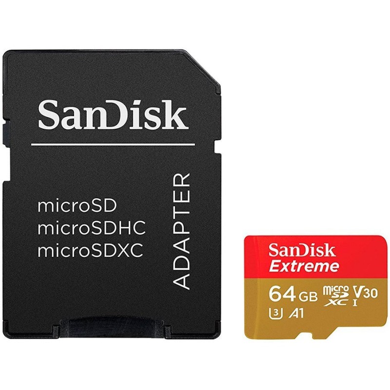 SanDisk Extreme microSDXC 64GB for Action Cams and Drones + SD Adapter 160MB/s A2 C10 V30 UHS-I U3; EAN: 619659170738-SDSQXA2-064G-GN6AA