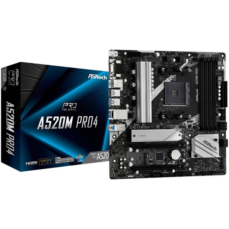 A520M PRO4/AM4/4xDDR4/128GB MAX/GbLAN/2xPCIE 3.0x16/PCIE3x2/2xM2/4xSATA/1xPS/2, HDMI/DP/VGA/mATX/-A520M_PRO4