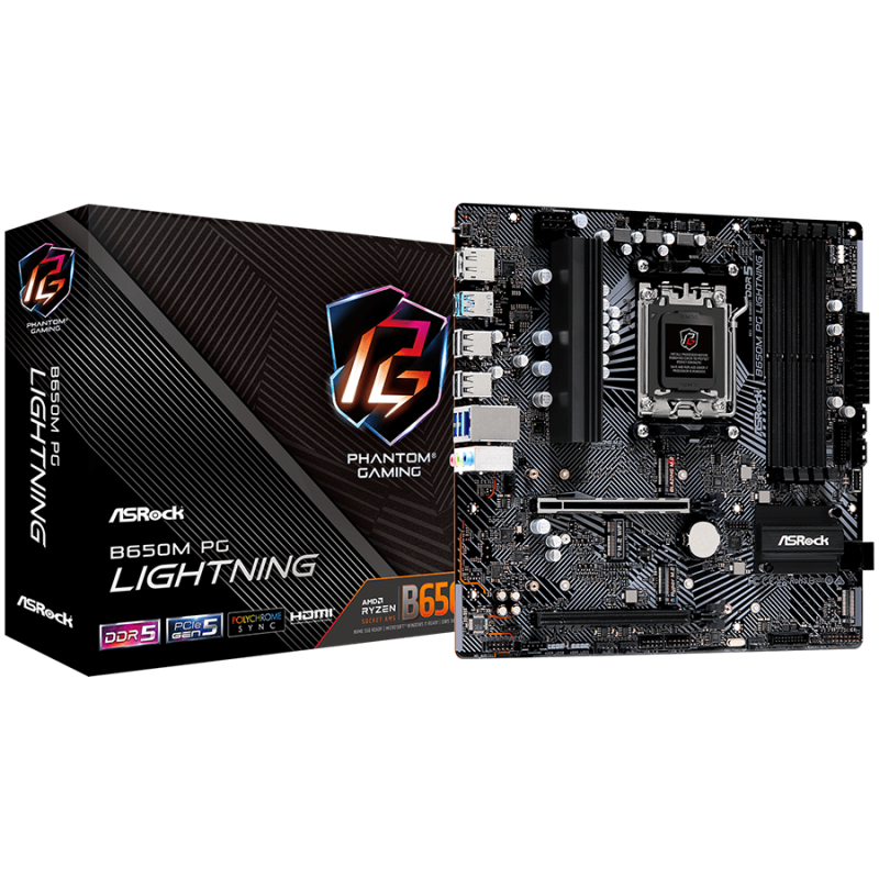 ASROCK B650 PG LIGHTNING AM5 Socket, 4x DDR5 7200+ Dual Channel RAM, PCIe 4.0 x16, 3.0 x16, 3x M.2 socket, 4x SATA 6GB, 17x USB, 7.1 Audio