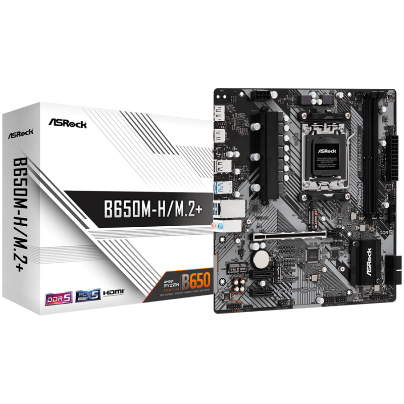 ASROCK B650M-H M.2PLUS AM5 Socket, 2x DDR5 5200 Dual Channel RAM, PCIe 4.0 x16, 3.0 x16, 3x M.2 socket, 4x SATA 6GB, 12x USB, 7.1 Audio, 2.5GB LAN, mATX