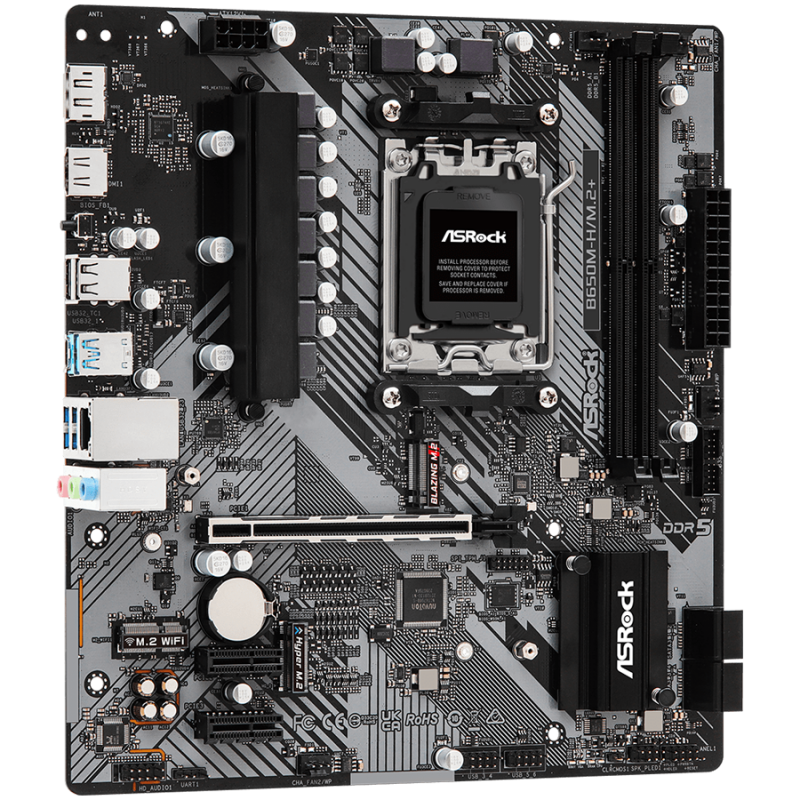 ASROCK B650M-H M.2PLUS AM5 Socket, 2x DDR5 5200 Dual Channel RAM, PCIe 4.0 x16, 3.0 x16, 3x M.2 socket, 4x SATA 6GB, 12x USB, 7.1 Audio, 2.5GB LAN, mATX