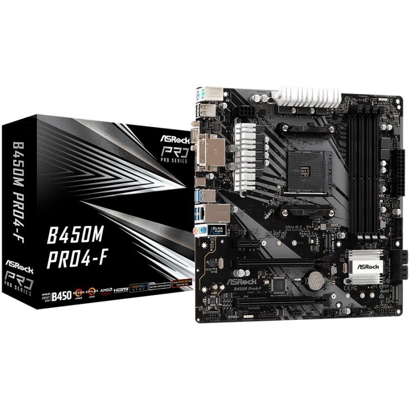 ASROCK Main Board Desktop AM4 B450 (SAM4,4xDDR4,1xPCI E 3.0x16,1xPCI E 2.0x16, 1xPCI E 2.0x1, SATA III, Raid, 1xUlraM.2,USB3.0,GLAN, VGA,HDMI,DVI) mATX Retail-B450M_PRO4-F