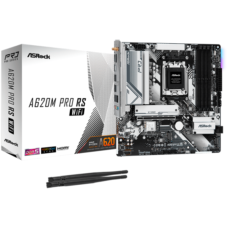 ASROCK Main Board Desktop AM5 A620 4 x DDR5 1 x HDMI 1 x DisplayPort  3xM.2 4 x SATA3 Micro ATX, A620M PRO RS WIFI