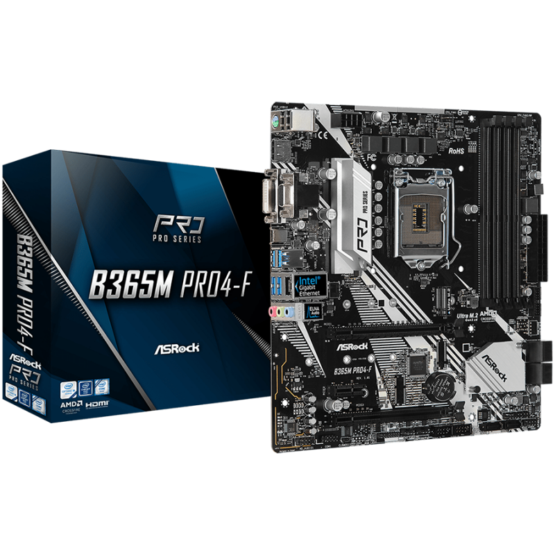 ASROCK Main Board Desktop B365 (S1151, 4xDDR4,2xPCIe x16,1xPCI Ex1, 6 SATA3 ,1x Ultra M.2, M.2 socket, GLAN,VGA,DVI,HDMI,USB 3.1) mATX retail-B365M_PRO4-F