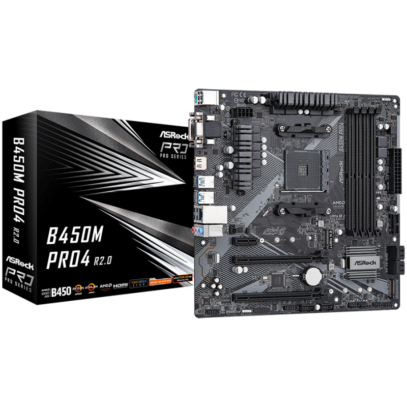 ASROCK Main Board Desktop B450M PRO4 (AM4, 4xDDR4, 1x PCIe 3.0 x16, 1x PCIe 2.0 x16, 1x PCIe 2.0 x1, 4x SATA III, RAID 0,1,10, 1x Ultra