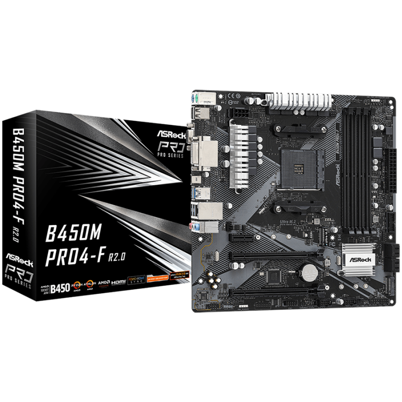 ASROCK Main Board Desktop B450M PRO4-F (SAM4,4xDDR4,1xPCI E 3.0x16,1xPCI E 2.0x16, 1xPCI E 2.0x1, SATA III, Raid, 1xUlraM.2,USB3.0,GLAN