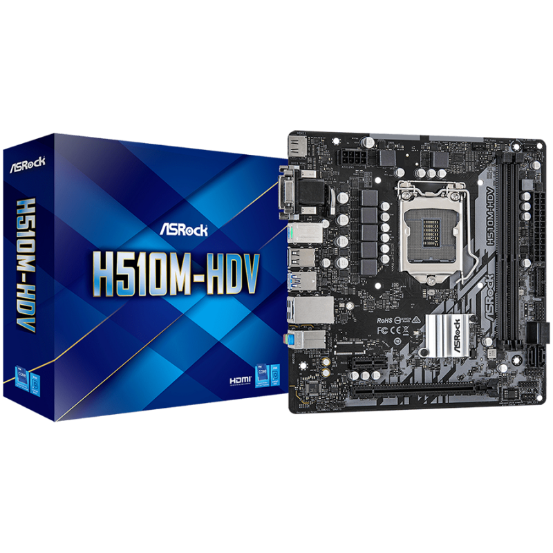 ASROCK Main Board Desktop H510M-HDV (H510, S1200, 2xDDR4, 1xPCIe 4.0x16, 1xPCIe 3.0x1, 4xSATA3 , 4xUSB3.2 Gen1, VGA, DVI-D, HDMI, GLAN, mATX, Retail)-H510M-HDV