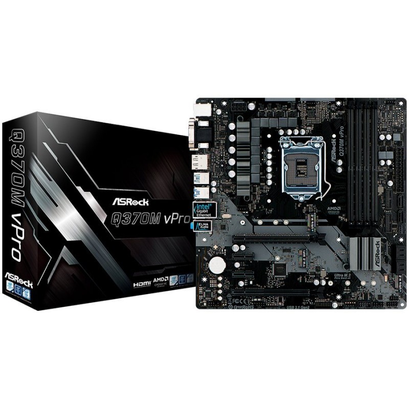ASROCK Main Board Desktop Q370M (s1151, 4xDDR4,2xPCI 3.0x16, 2xPCI Ex1,SATA III,1xM.2,1xUlraM.2,USB3.0,USB3.1,GLAN,VGA,DVI,HDMI) mATX Retail-Q370M_VPRO