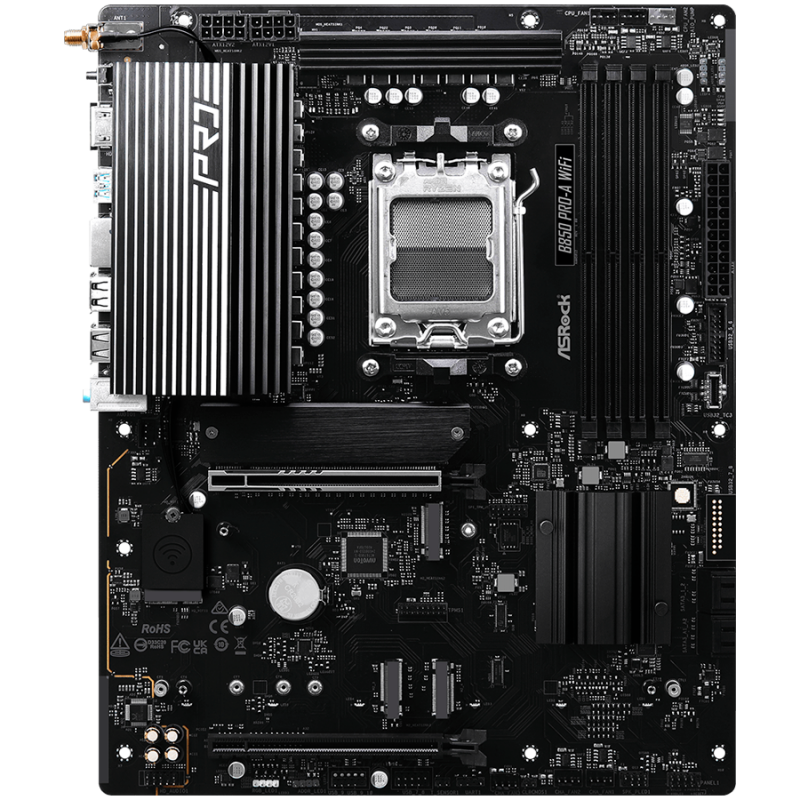 ASROCK Main board AMD B850 AM5, PCIe 5x16, 4x DDR5, 4x M.2, 2x SATA3 6Gb/s, 2.5Gb LAN, 802.11axe, 7.1 Ch audio, ATX