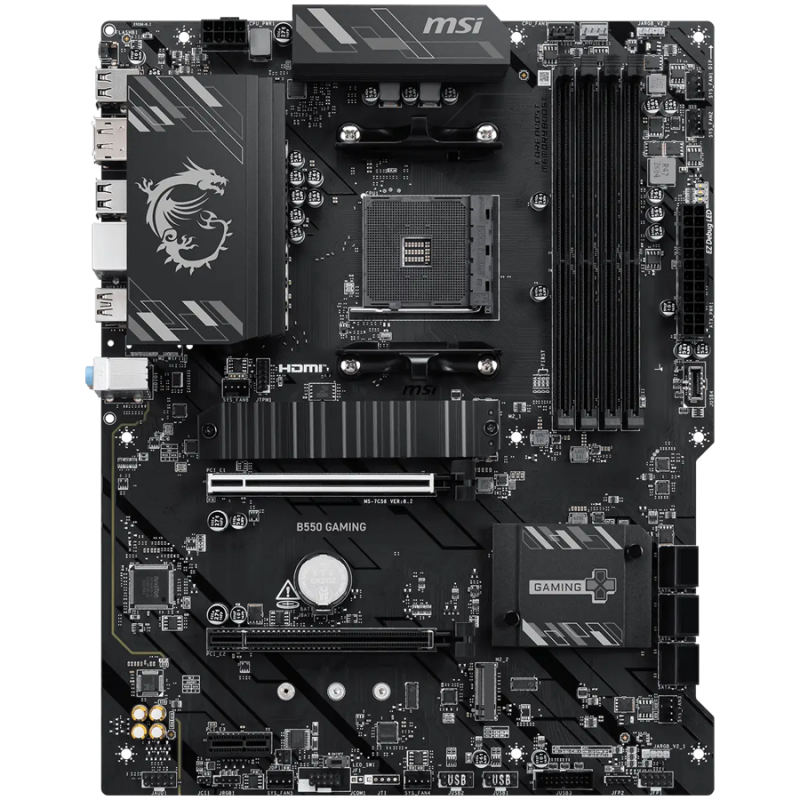 MSI B550 GAMING, ATX, Socket AM4, 4x DDR4 Dual Channel up to 4866+(OC)MHz, 2x PCIe x16 slots, 2x M.2 slots, 2x USB 3.2 Gen 2 (1x Type-C), 2x USB 3.2 Gen 1, 4x USB 2.0, 1x HDMI, 1x DP, 1G LAN, 7.1 HD Audio, 3Y