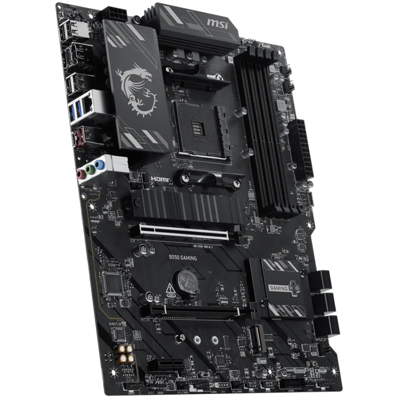 MSI B550 GAMING, ATX, Socket AM4, 4x DDR4 Dual Channel up to 4866+(OC)MHz, 2x PCIe x16 slots, 2x M.2 slots, 2x USB 3.2 Gen 2 (1x Type-C), 2x USB 3.2 Gen 1, 4x USB 2.0, 1x HDMI, 1x DP, 1G LAN, 7.1 HD Audio, 3Y