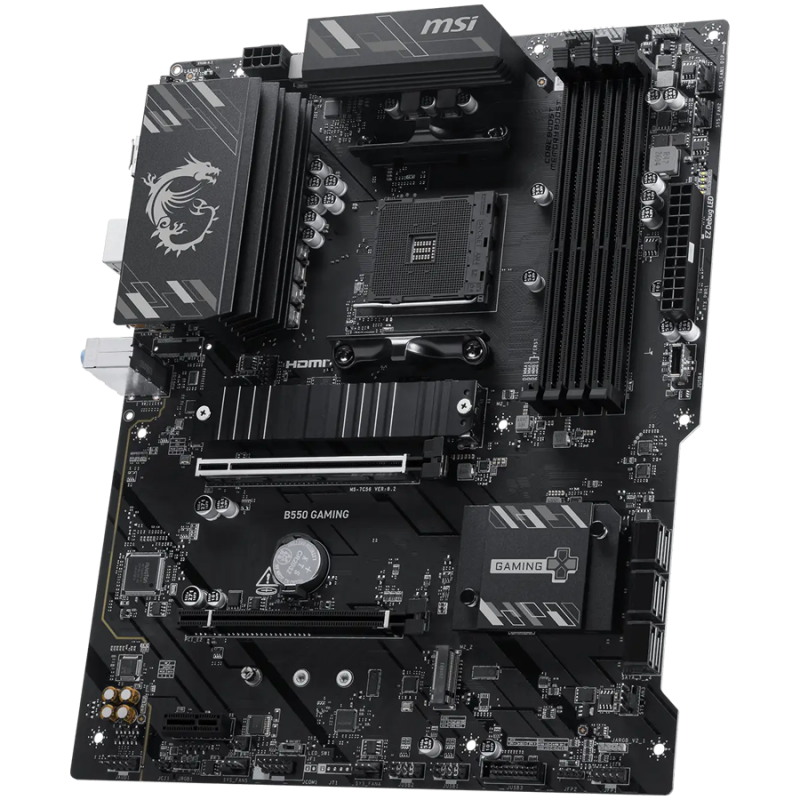 MSI B550 GAMING, ATX, Socket AM4, 4x DDR4 Dual Channel up to 4866+(OC)MHz, 2x PCIe x16 slots, 2x M.2 slots, 2x USB 3.2 Gen 2 (1x Type-C), 2x USB 3.2 Gen 1, 4x USB 2.0, 1x HDMI, 1x DP, 1G LAN, 7.1 HD Audio, 3Y