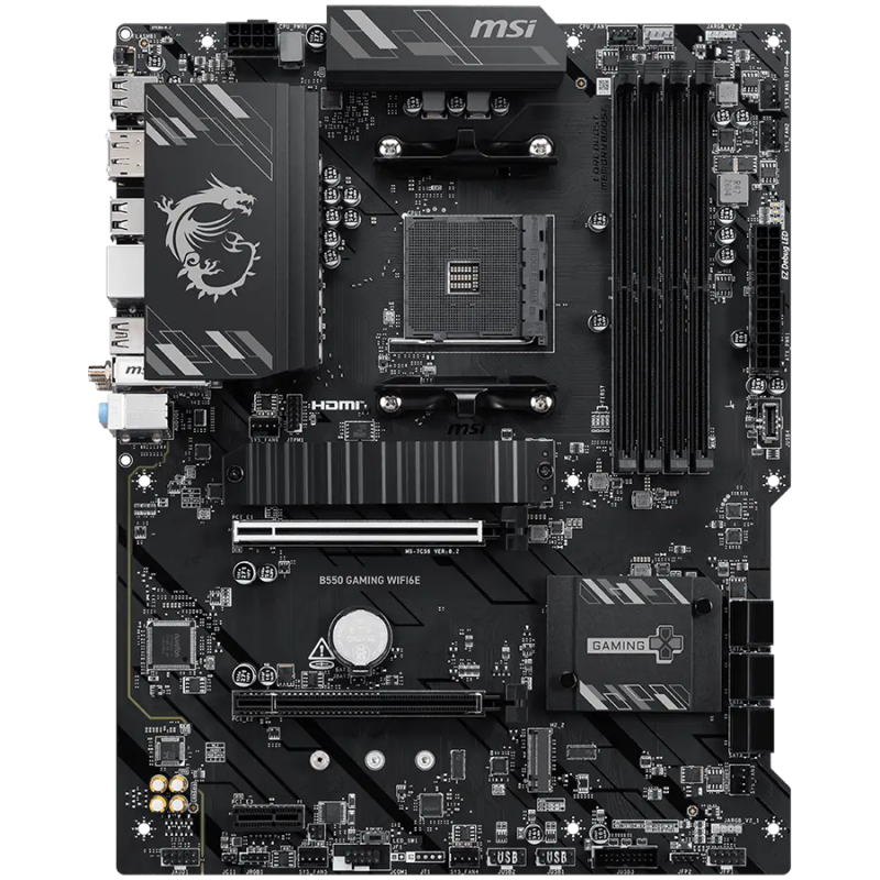 MSI B550 GAMING WIFI6E, ATX, Socket AM4, 4 DIMM, Dual Channel DDR4 up to 4800+(OC)MHz, 1x PCIe 4.0 x16 slot, 2x M.2 slots, 2x USB 3.2 Gen 1, 1x USB 3.2 Gen 2, 1x USB 3.2 Gen 2 Type-C, 4x USB 2.0, 1x HDMI,1x DP, 1G LAN, WIFI6E, 7.1 Audio, 3Y