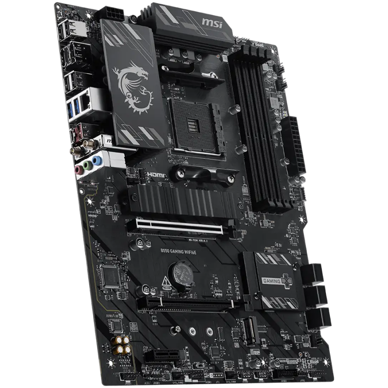 MSI B550 GAMING WIFI6E, ATX, Socket AM4, 4 DIMM, Dual Channel DDR4 up to 4800+(OC)MHz, 1x PCIe 4.0 x16 slot, 2x M.2 slots, 2x USB 3.2 Gen 1, 1x USB 3.2 Gen 2, 1x USB 3.2 Gen 2 Type-C, 4x USB 2.0, 1x HDMI,1x DP, 1G LAN, WIFI6E, 7.1 Audio, 3Y