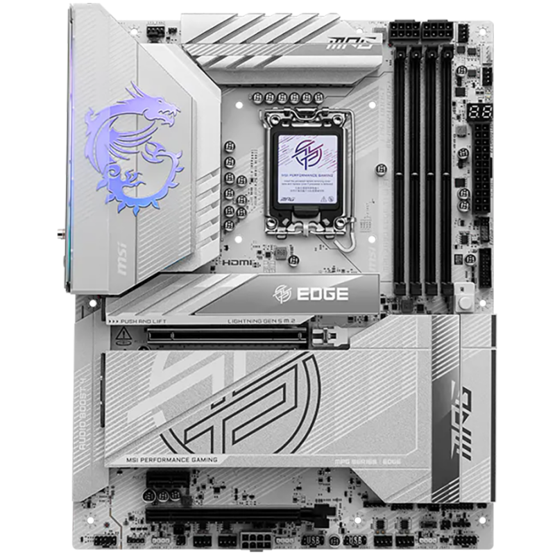 MSI MPG Z890 EDGE TI WIFI, LGA 1851, Dual Channel DDR5 up to 9200(OC)MHz, 2x PCIe x16 slots, 5x M.2 slot, 1x USB 2.0, 4x USB 3.2 Gen 1, 4x USB 3.2 Gen 2, 1x USB 3.2 Gen 2 Type-C, 1x HDMI, 2xTB4, 5Gbps LAN, WIFI7, 7.1 Audio, 3Y