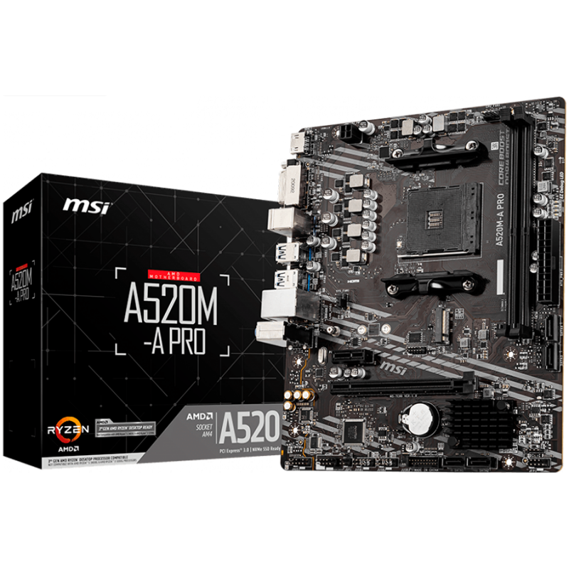 MSI Main Board Desktop A520M (AM4, 2xDDR4, 1xPCI-Ex16, 1xPCI-Ex1, M.2, 4xSATA3, 6xUSB3.2 Gen1, 6xUSB2.0, HD Audio, DVI-D, HDMI, GLAN)