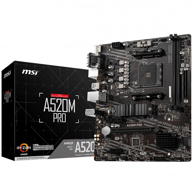 MSI Main Board Desktop A520M PRO (AM4, 2xDDR4, 1xPCI-E X16, 2xPCI-E X1, 4xSATA3, 1xM.2, RAID, 6xUSB3.2 Gen1, 6xUSB2.0, DP, VGA, HDMI