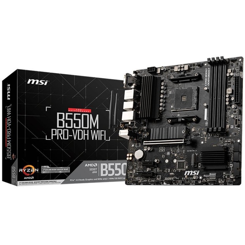 MSI Main Board Desktop B550M PRO-VDH WIFI, AM4, 4xDDR4, 1xPCI-Ex16, 2xPCI-Ex1, 4xSATA3, 2xM2, 2xUSB3.2 Gen2(1xType-C +1xType-A), 5xUSB3.2 Gen1/DP/VGA/HDMI-B550M_PRO-VDH_WIFI