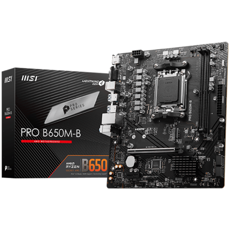 MSI Main Board Desktop PRO B650M-B (AM5, 2x DDR5, 1xHDMI, 1x VGA, 1x PCI-E x16, 1x PCI-E x1, 1x M.2, 4x SATA 6G, 6x USB 3.2 Gen1 Type A, 6x