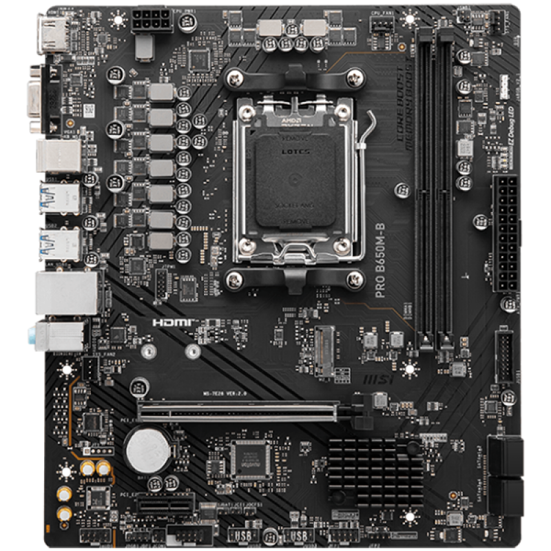 MSI Main Board Desktop PRO B650M-B (AM5, 2x DDR5, 1xHDMI, 1x VGA, 1x PCI-E x16, 1x PCI-E x1, 1x M.2, 4x SATA 6G, 6x USB 3.2 Gen1 Type A, 6x