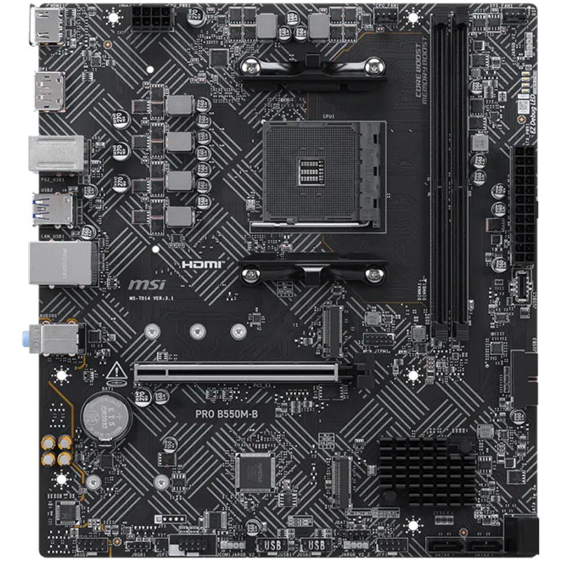 MSI PRO B550M-B, M-ATX, Socket AM4, 2 DIMM, Dual Channel DDR4 up to 4600+(OC)MHz, 1x PCIe 4.0 x16 slot, 2x M.2 slots, 4x USB 3.2 Gen 1, 2x USB 2.0, 1x HDMI,1x DP, 1G LAN, 7.1 Audio, 3Y