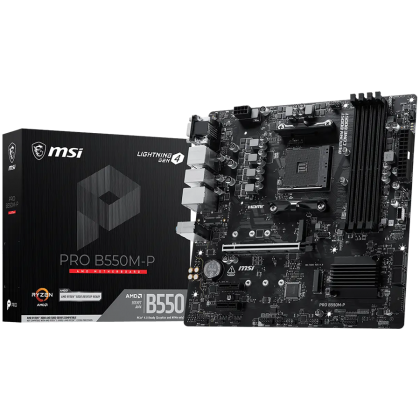 MSI PRO B550M-P, M-ATX, Socket AM4, 4 DIMM, Dual Channel DDR4 up to 4400+(OC)MHz, 1x PCIe 4.0 x16 slot, 2x M.2 slots, 4x USB 3.2 Gen 1, 2x USB 2.0, 1x HDMI,1x DP, 1x VGA, 1G LAN, 7.1 Audio, 3Y