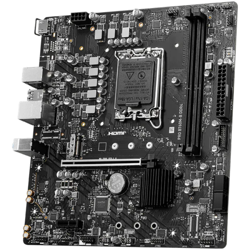 MSI PRO B760M-B DDR4, mATX, Socket 1700, Dual Channel DDR4 4800(OC)MHz, 1x PCIe x16 slots, 2x M.2 slots, 1x HDMI, 1x DP, 1x VGA, 1x USB 3.2 Gen 2 Type-C, 1x USB 3.2 Gen 1, 4x USB 2.0, 2x ARGB Headers, 7.1 HD Audio, 1Gbps LAN, 3Y