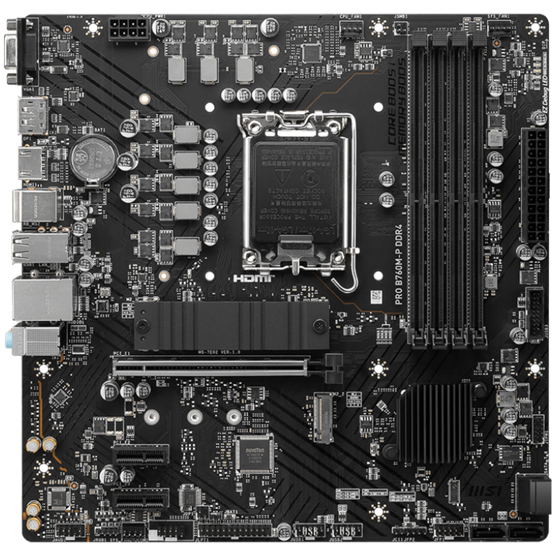 MSI PRO B760M-P DDR4, mATX, Socket 1700, Dual Channel DDR4 4800(OC)MHz, 1x PCIe x16 slots, 2x M.2 slots, 1x HDMI, 1x DP, 1x VGA, 1x USB