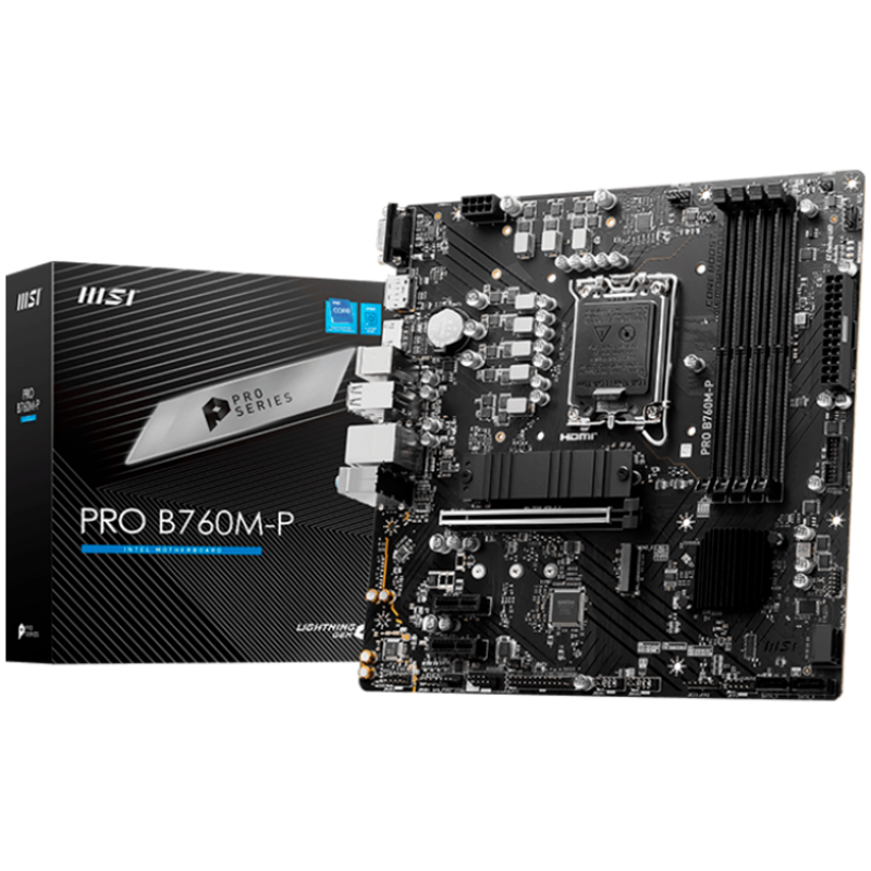 MSI PRO B760M-P, mATX, LGA 1700, Dual Channel DDR5 6800, 1x PCIe x16 slots, 2x M.2 slots, 1x HDMI, 1x DP, 1x VGA, 1x USB 3.2 Gen 2