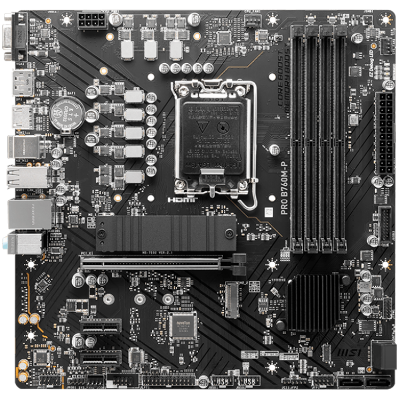 MSI PRO B760M-P, mATX, LGA 1700, Dual Channel DDR5 6800, 1x PCIe x16 slots, 2x M.2 slots, 1x HDMI, 1x DP, 1x VGA, 1x USB 3.2 Gen 2
