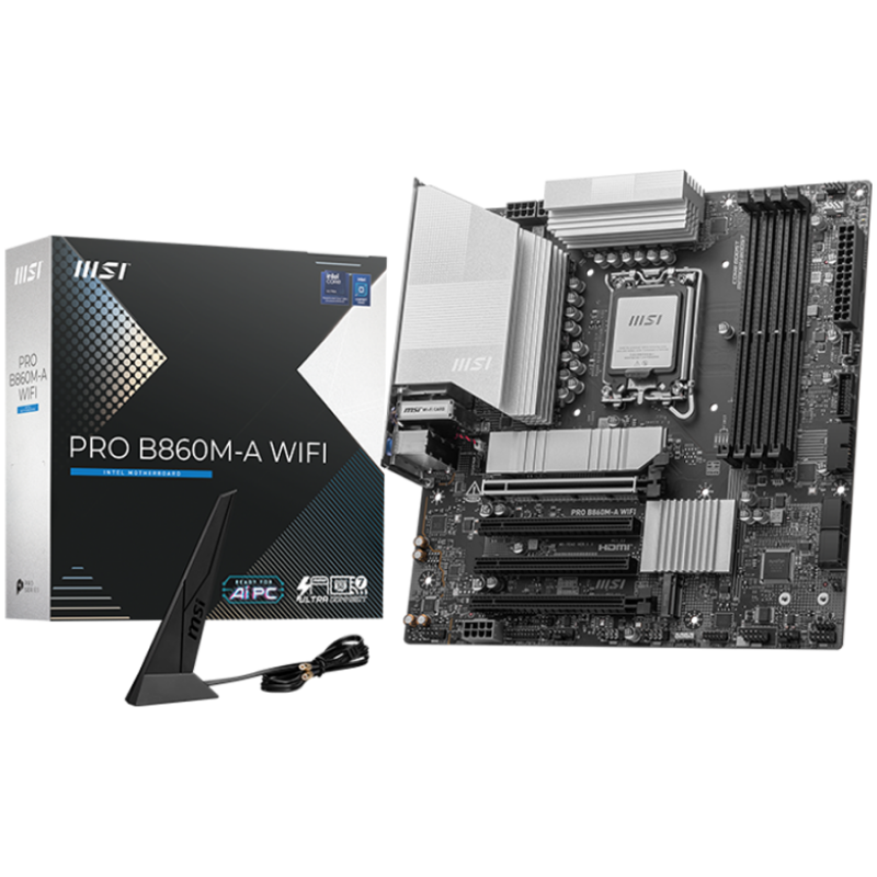 MSI PRO B860M-A WIFI, mATX, LGA 1851, 4x DDR5 Dual Channel DDR5 up to 8600(OC)MHz, 4x PCIe x16 slot, 3x M.2 slot, 2x USB 2.0, 2x USB 5Gbps