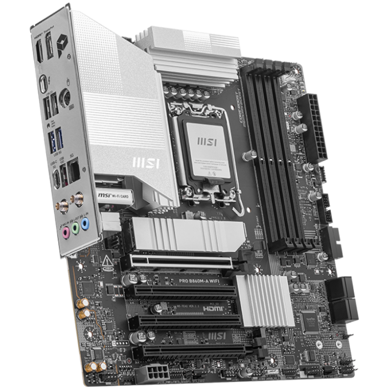 MSI PRO B860M-A WIFI, mATX, LGA 1851, 4x DDR5 Dual Channel DDR5 up to 8600(OC)MHz, 4x PCIe x16 slot, 3x M.2 slot, 2x USB 2.0, 2x USB 5Gbps